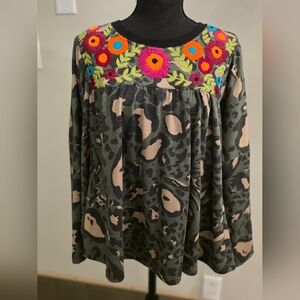 Ivy Jane Camouflage Top with Colorful Floral Embroidery